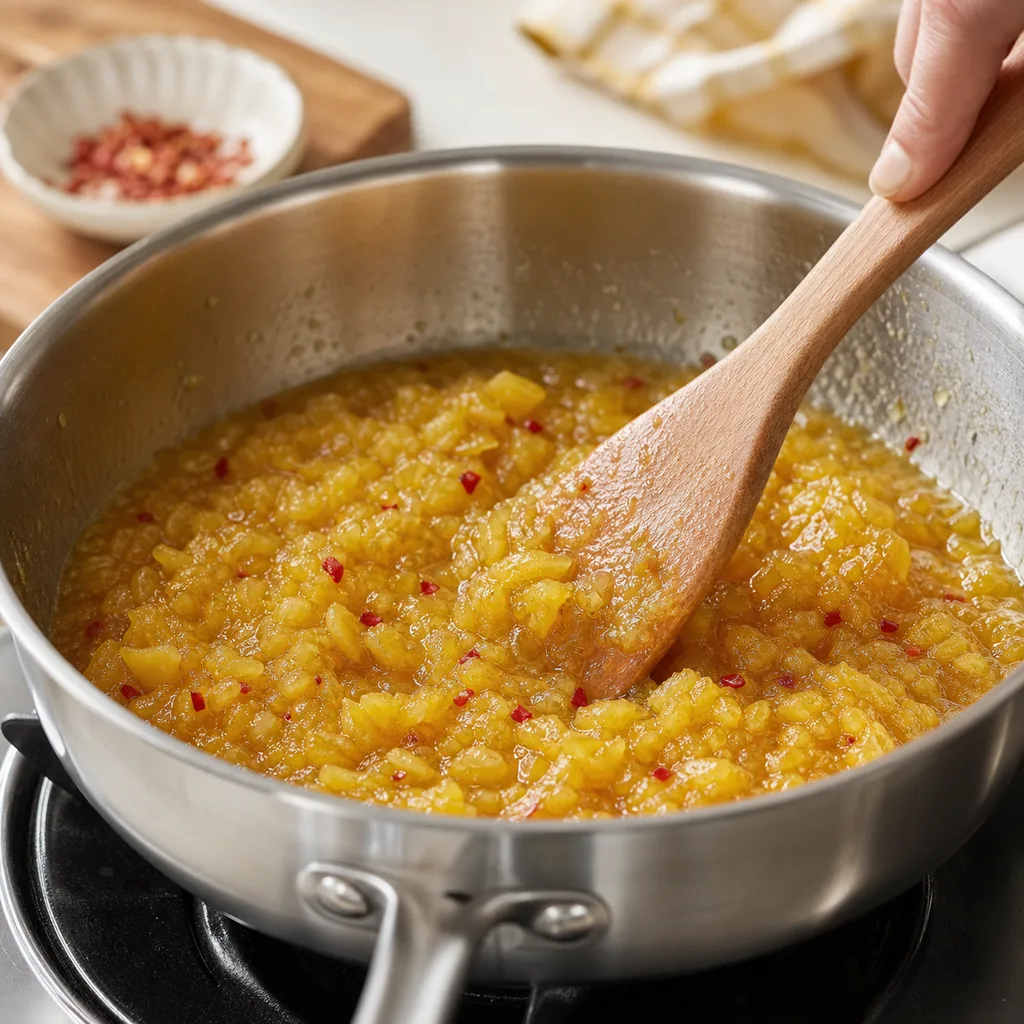 Pineapple habanero jam reducing in a saucepan