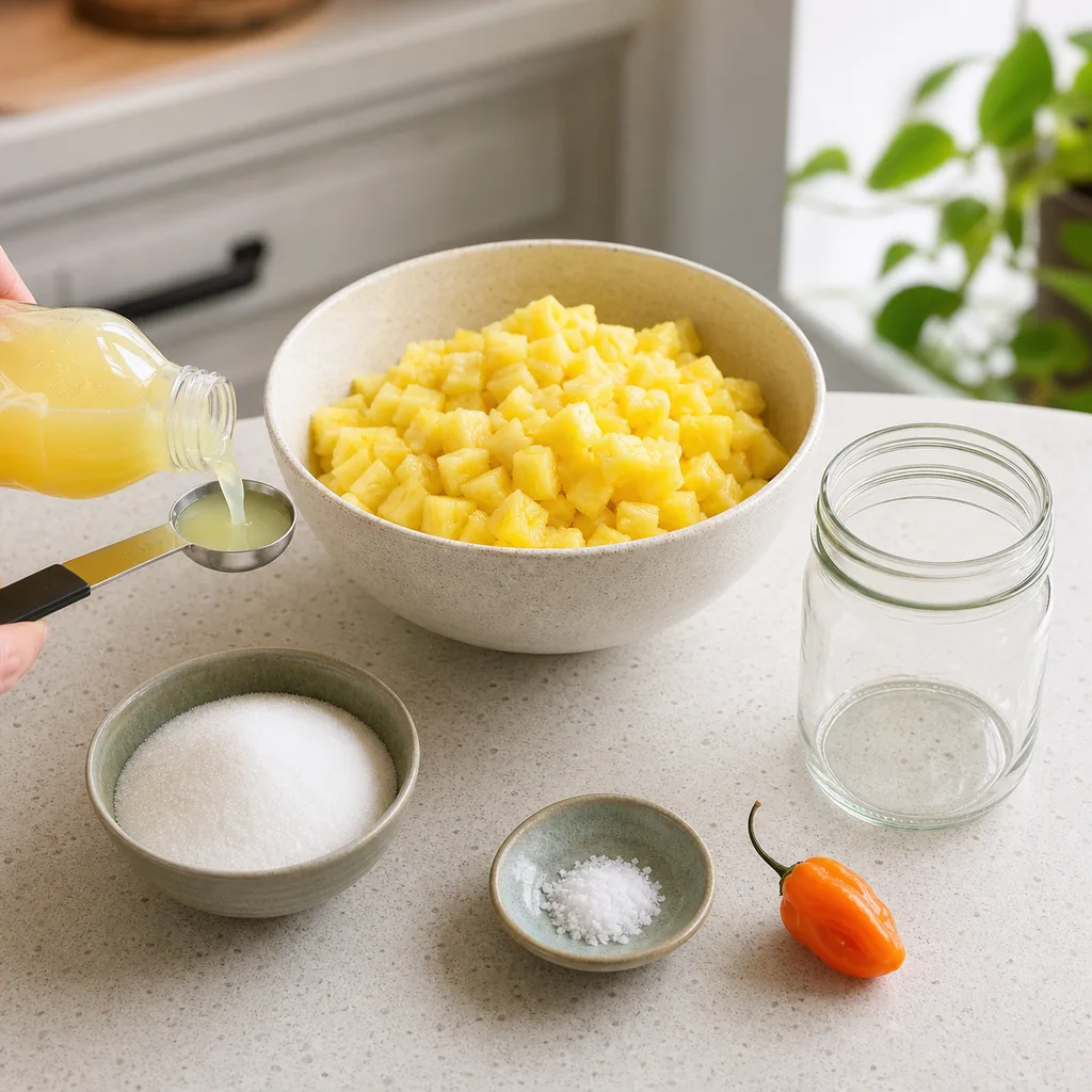 Measured ingredients for sugar-free pineapple habanero jam