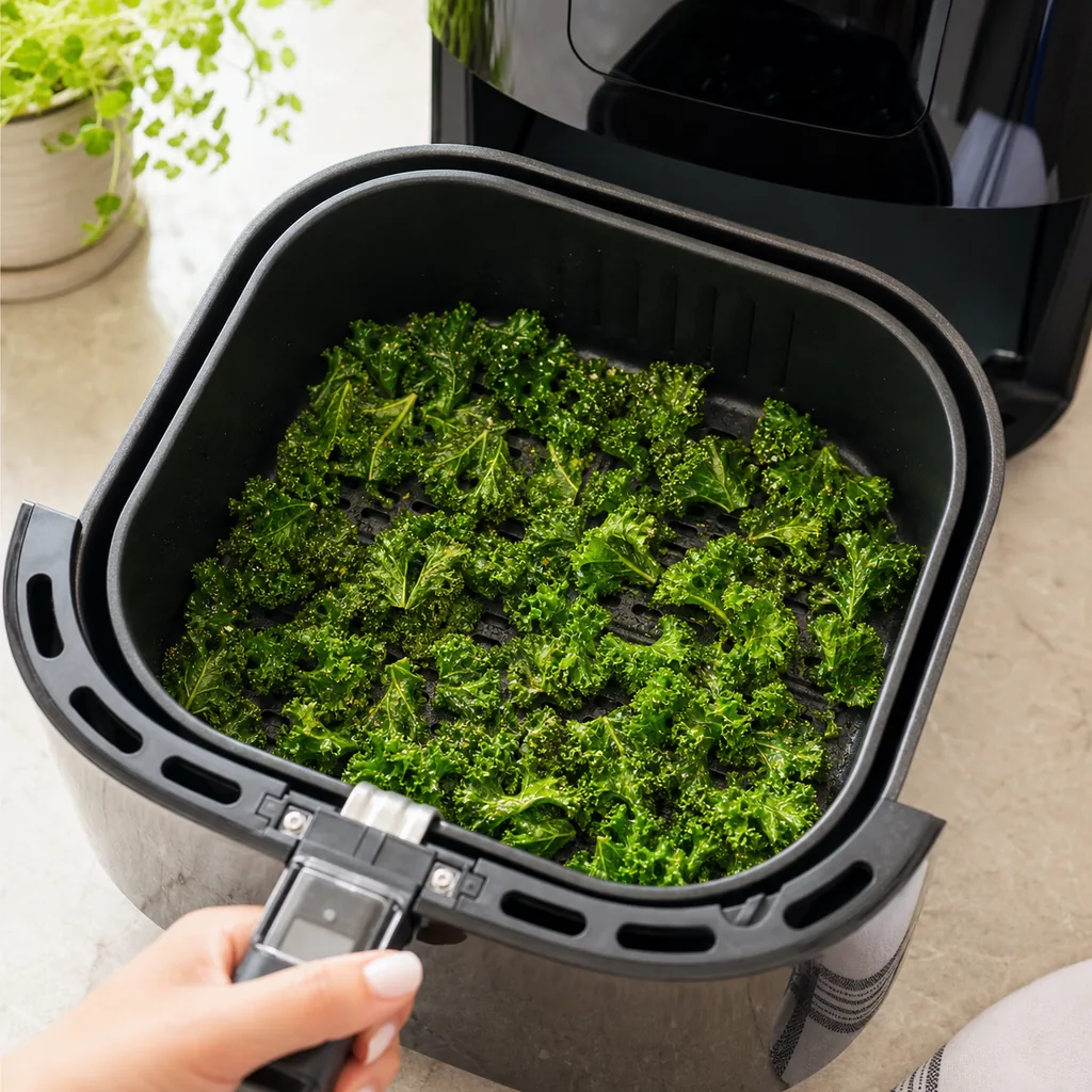 Seasoned kale arranged loosely in an air fryer basket