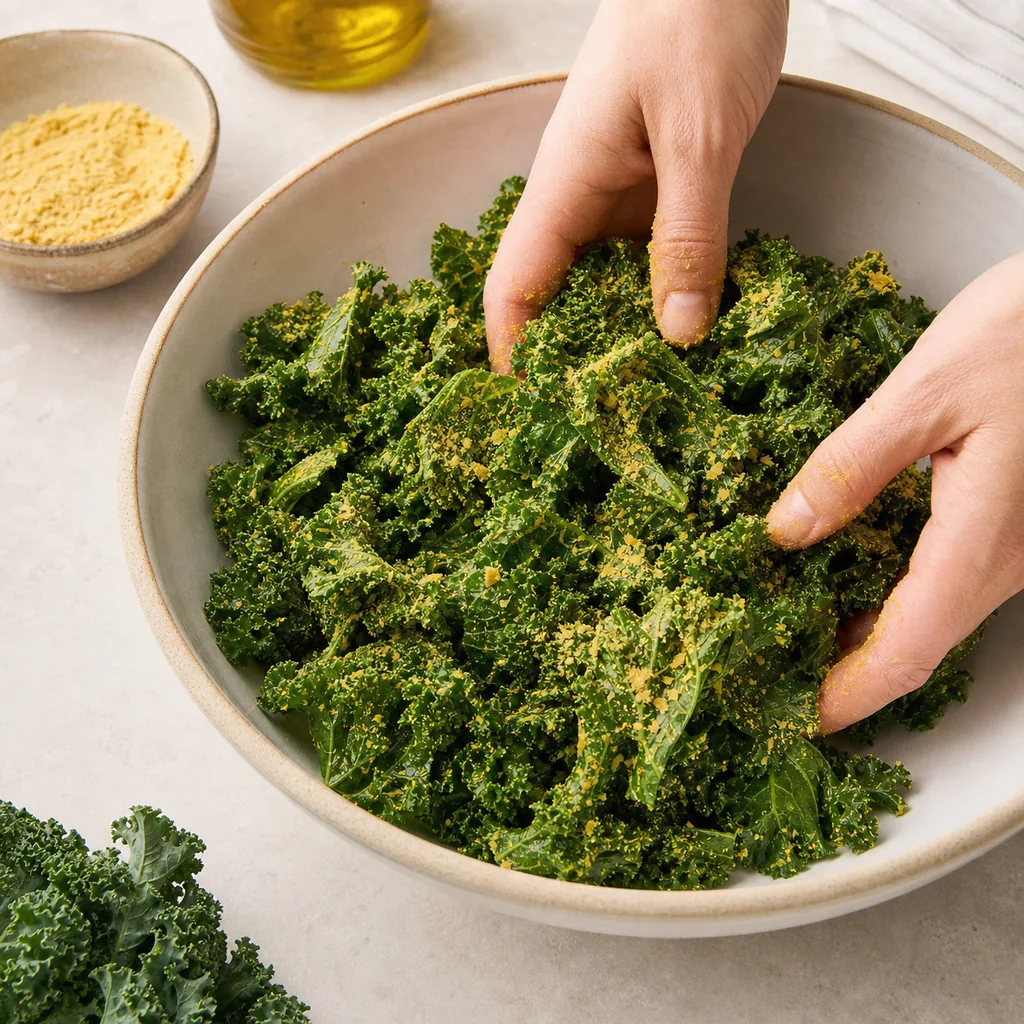 Dry kale lightly coated with oil and nutritional yeast