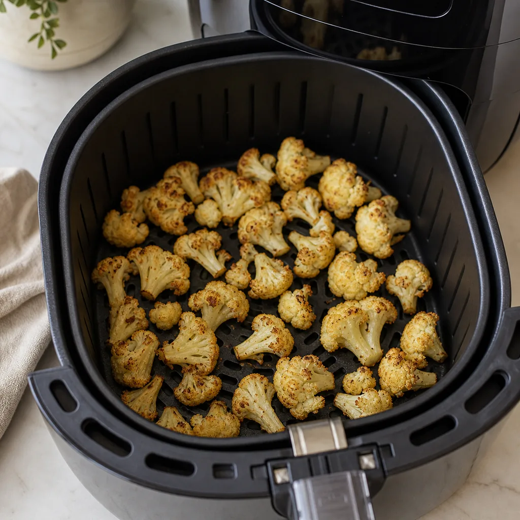 Browned cauliflower florets in an air fryer basket