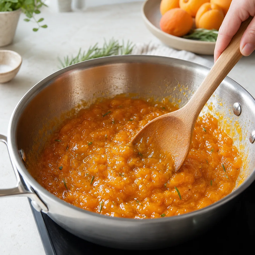 Apricot rosemary jam reducing in a saucepan