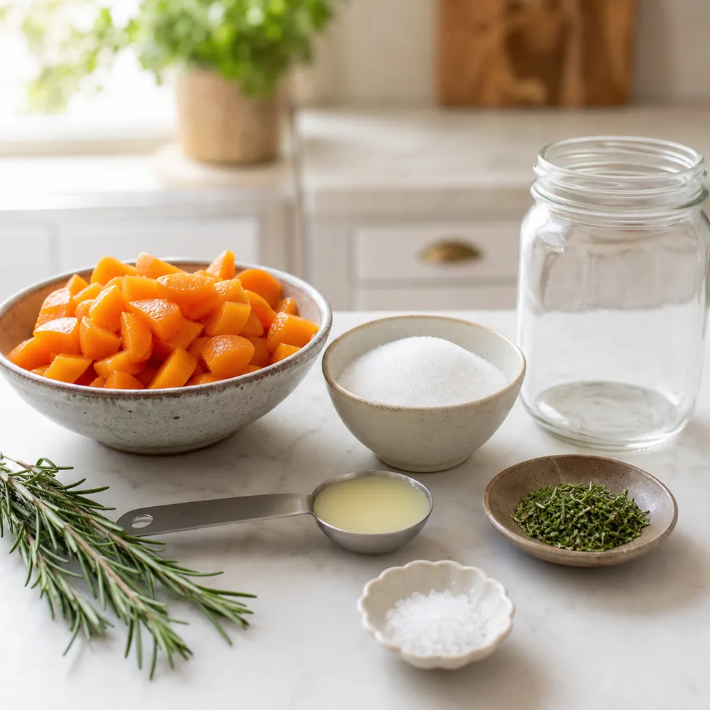 Measured ingredients for sugar-free apricot rosemary jam