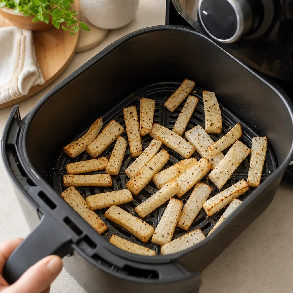 Daikon fries arranged in one air fryer layer