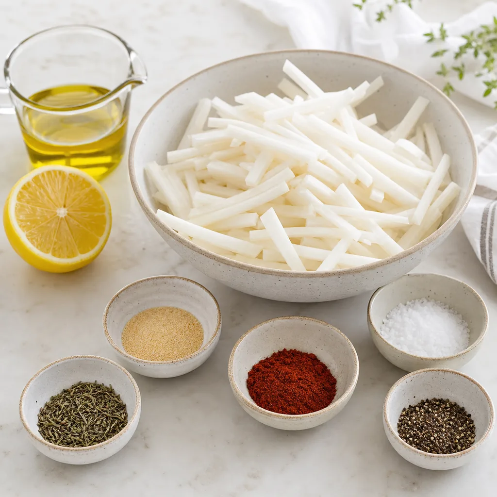 Measured ingredients and daikon batons for air fryer fries