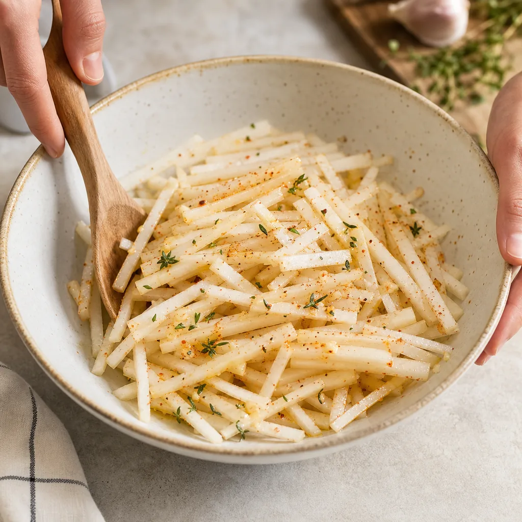 Daikon batons evenly coated with oil and seasonings