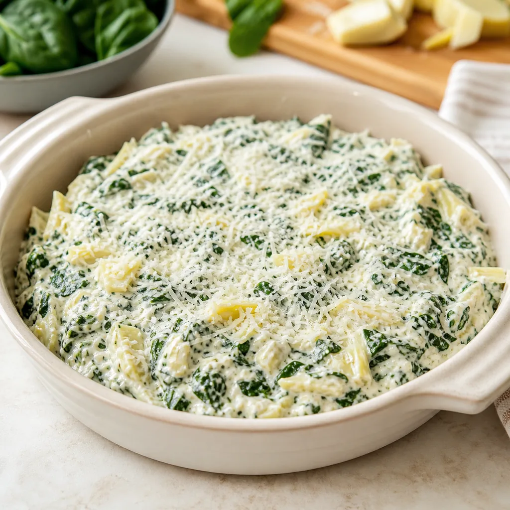 Spinach artichoke dip assembled before baking
