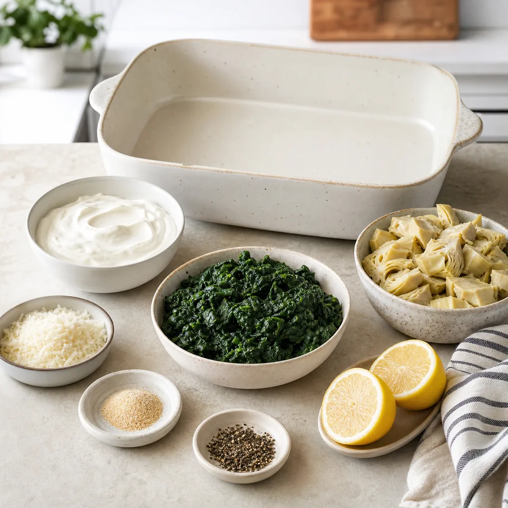 Measured ingredients for Greek yogurt spinach artichoke dip