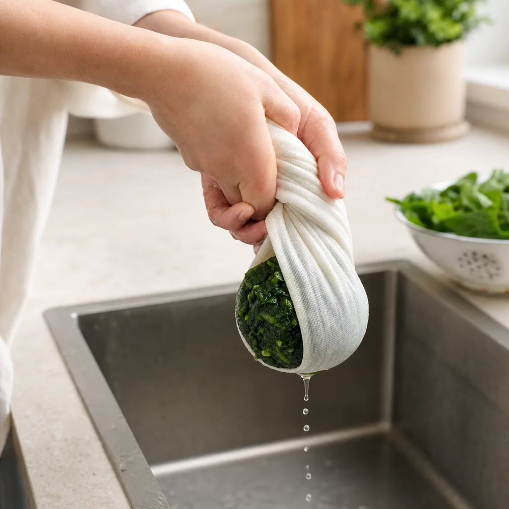 Thawed spinach squeezed dry in a clean towel