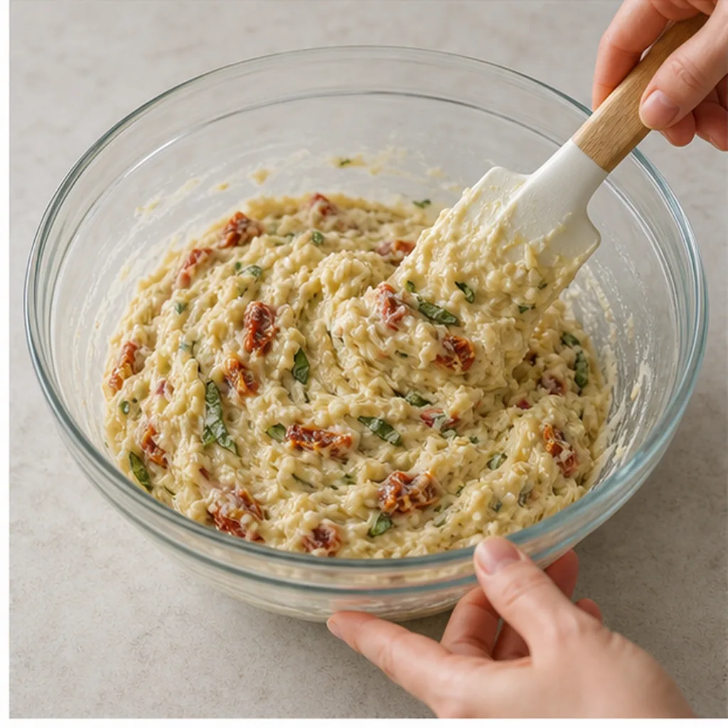 Sun-dried tomato quick bread batter being folded
