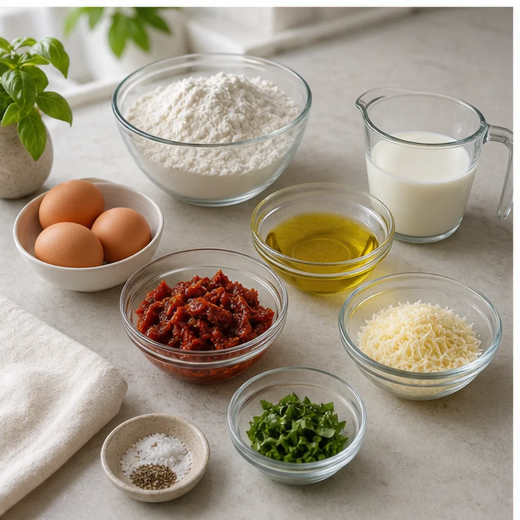 Measured ingredients for sun-dried tomato quick bread