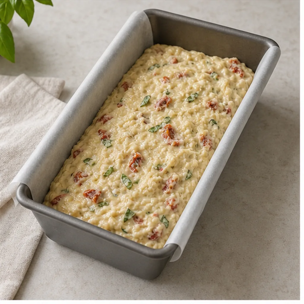 Sun-dried tomato quick bread batter in a loaf pan