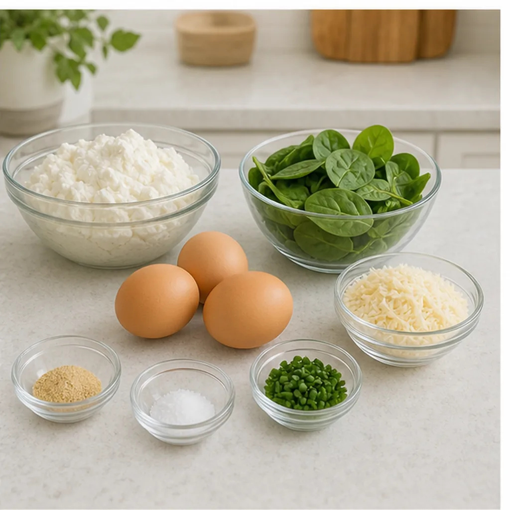 Measured ingredients for spinach baked ricotta cups
