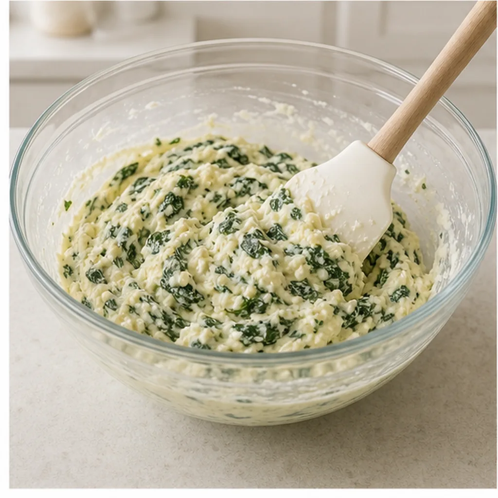 Spinach ricotta cup mixture being folded