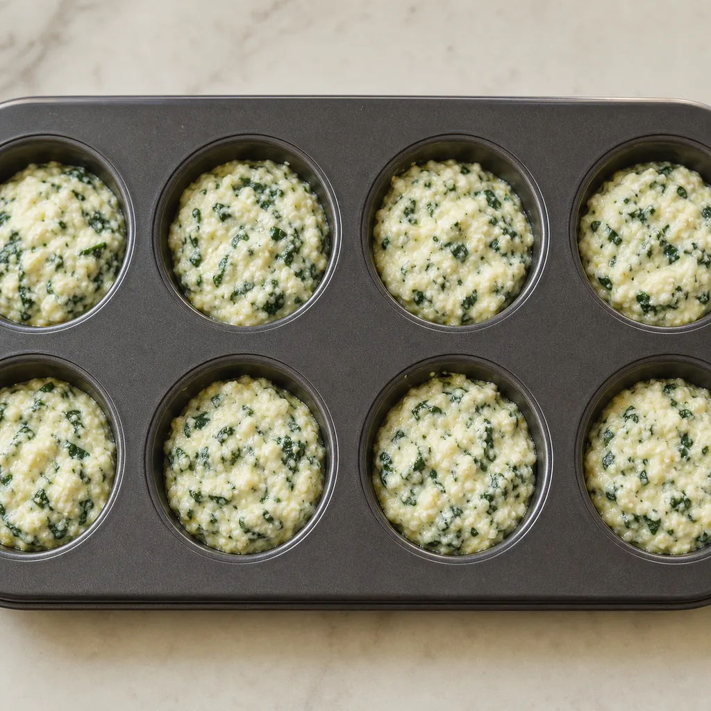 Eight spinach ricotta portions in muffin wells