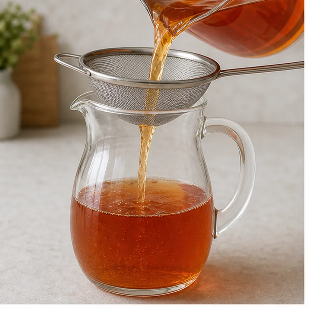 Cold-brew peach rooibos tea being strained