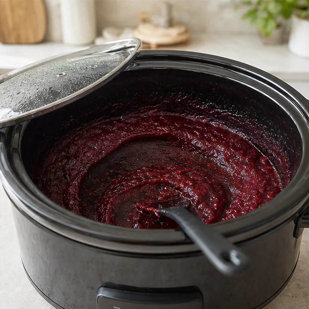 Smooth plum butter reducing in a slow cooker