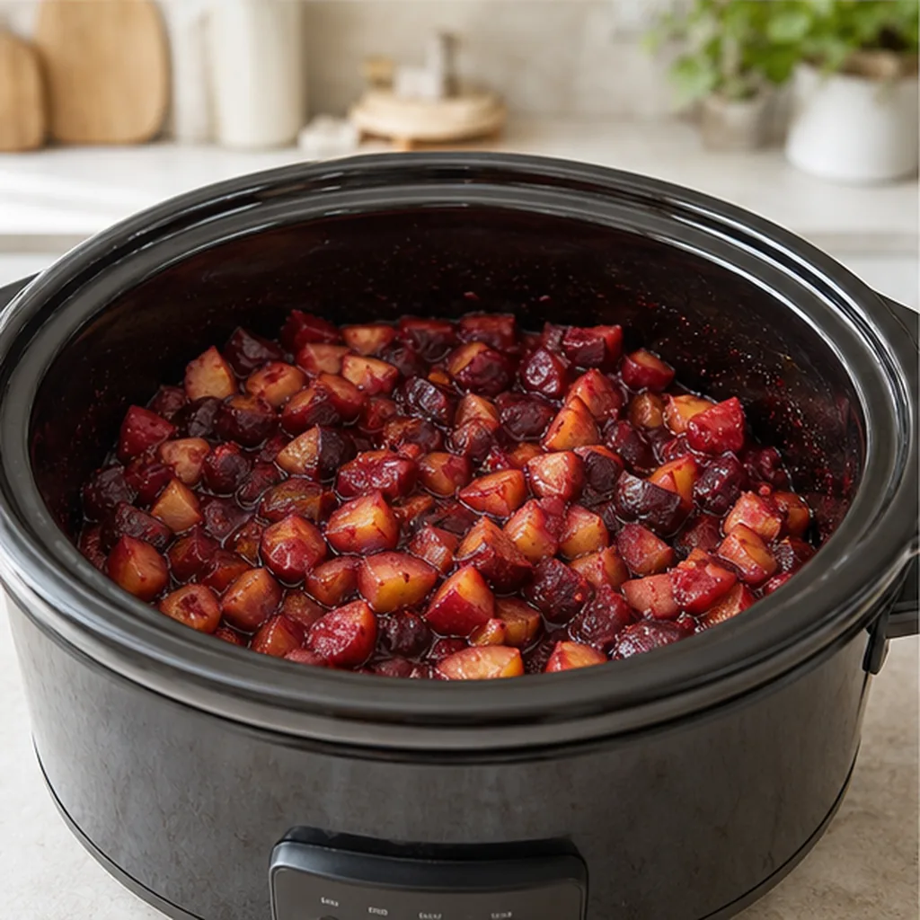 Chopped plums cooking in a slow cooker