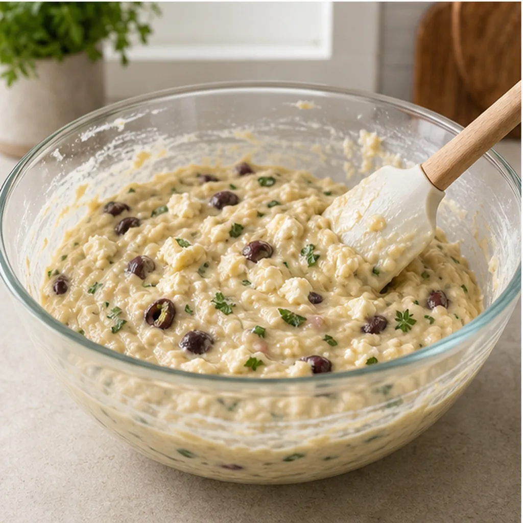 Olive feta quick bread batter being folded