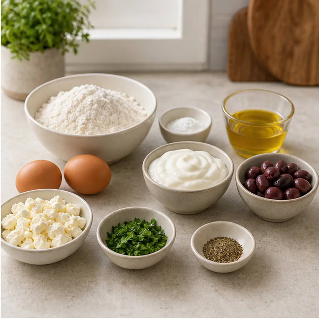 Measured ingredients for olive feta quick bread