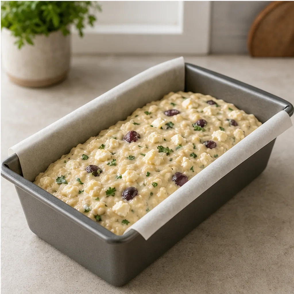Olive feta quick bread batter in a loaf pan