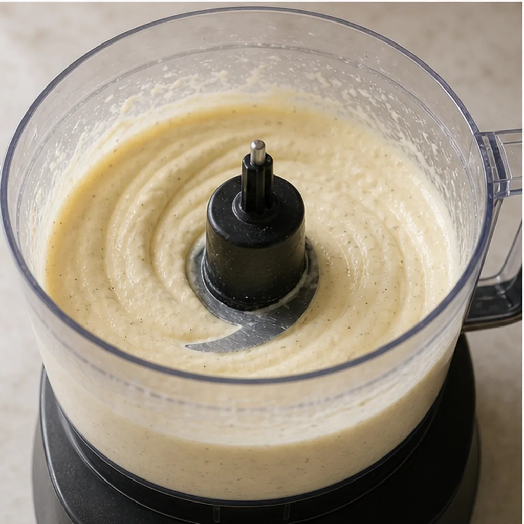 Vanilla ricotta dessert mixture in a food processor