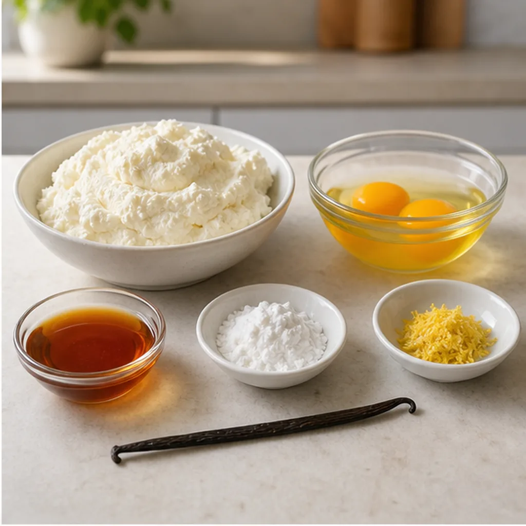 Ingredients for vanilla baked ricotta dessert