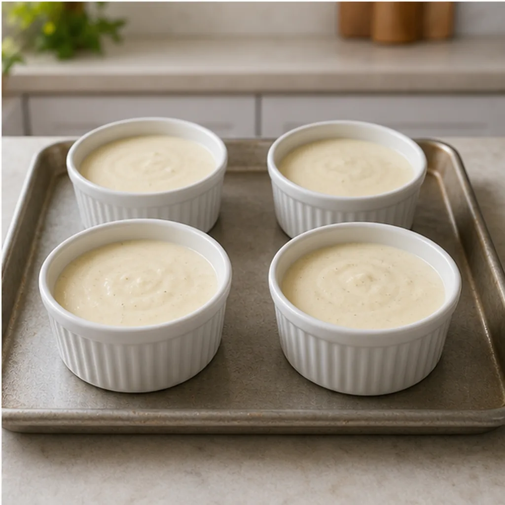 Vanilla ricotta mixture portioned into four ramekins