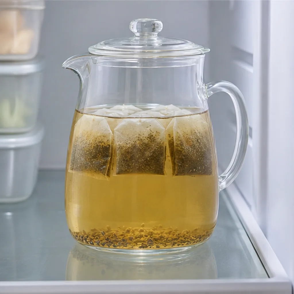 Chamomile lavender tea steeping in a refrigerator