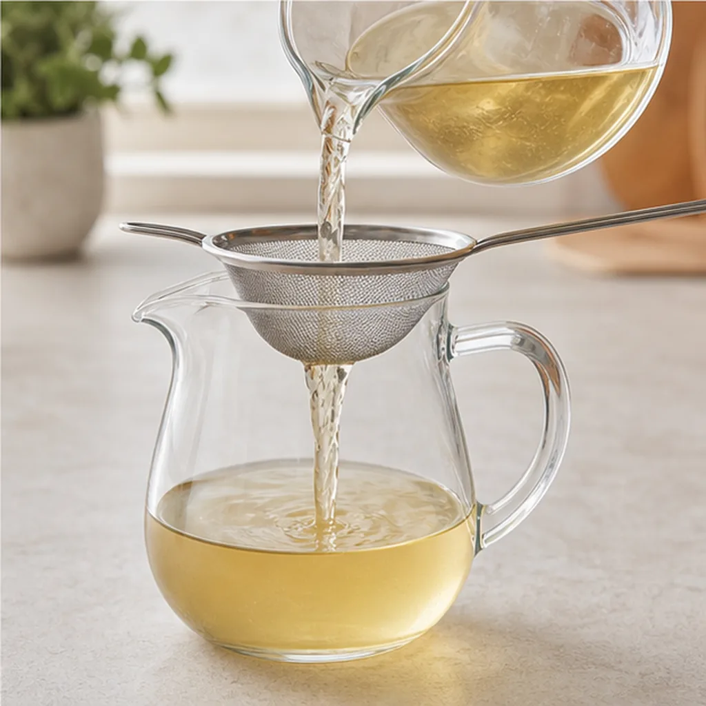 Cold-brew chamomile lavender tea being strained