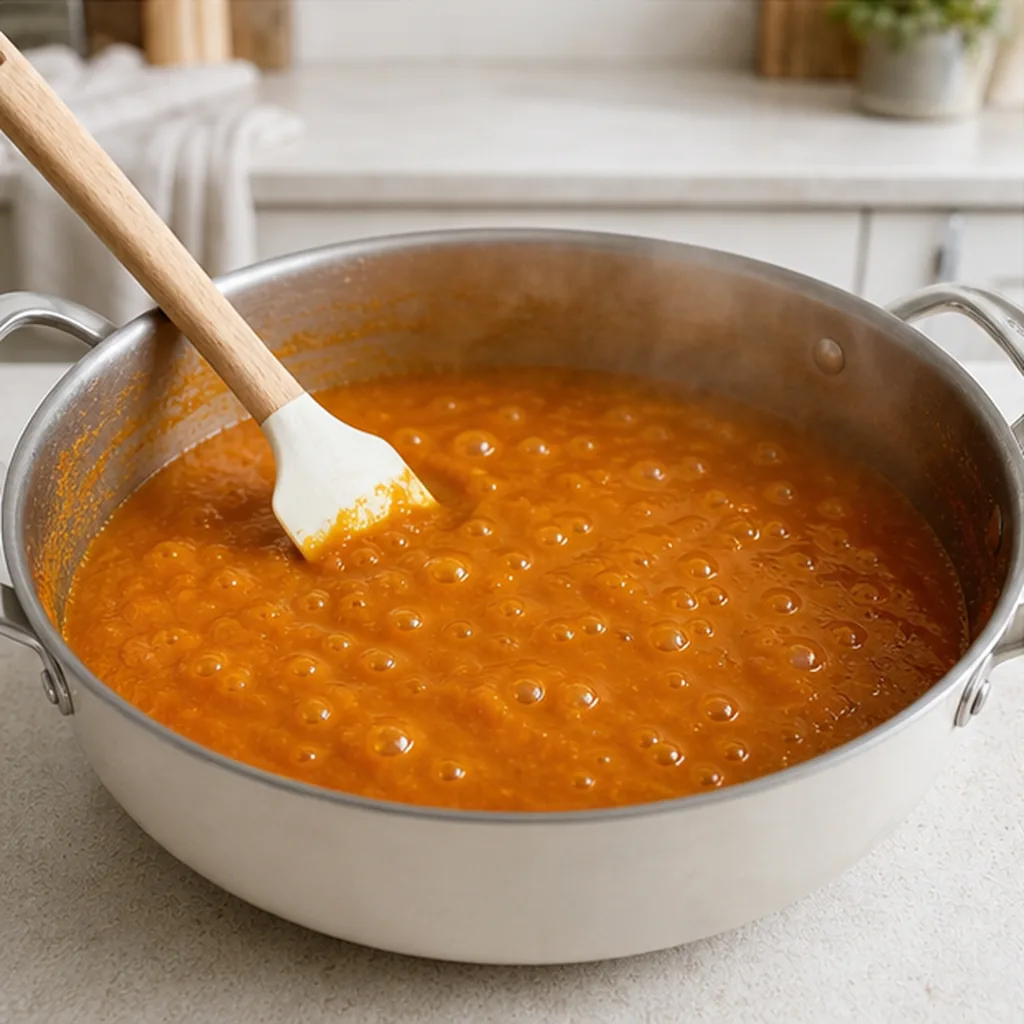 Pumpkin butter gently bubbling in a saucepan