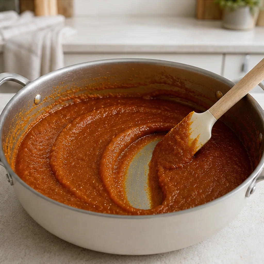 Thick pumpkin butter holding a spatula trail
