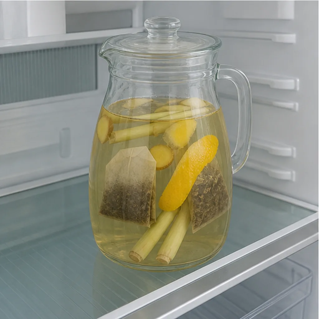 Lemongrass ginger tea steeping in a refrigerator