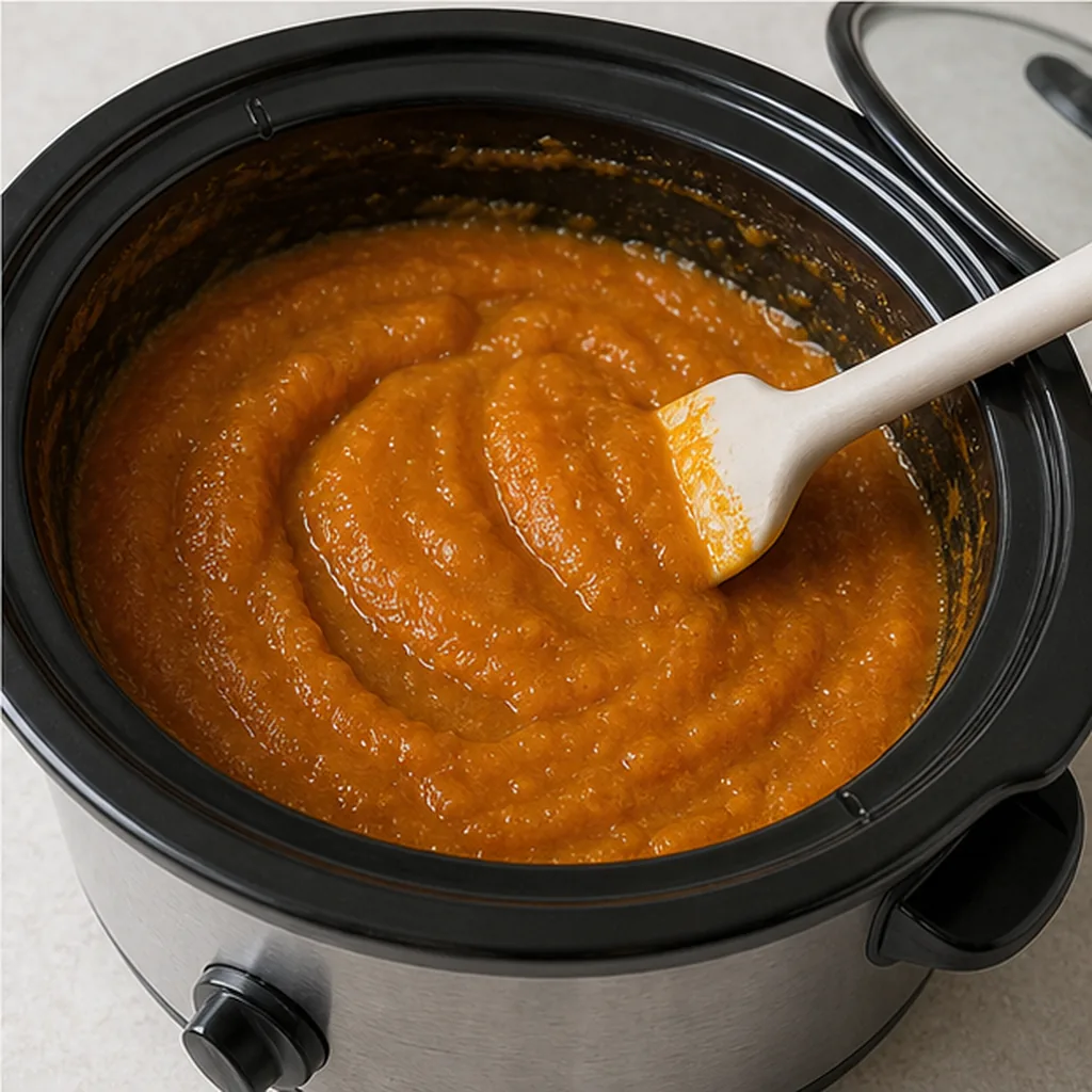 Smooth peach butter reducing in a slow cooker