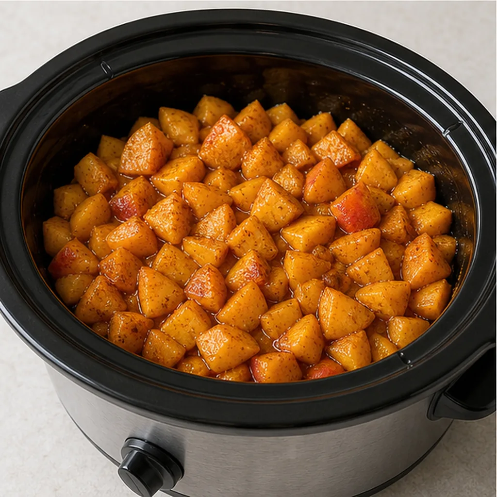 Peach pieces softening in a slow cooker