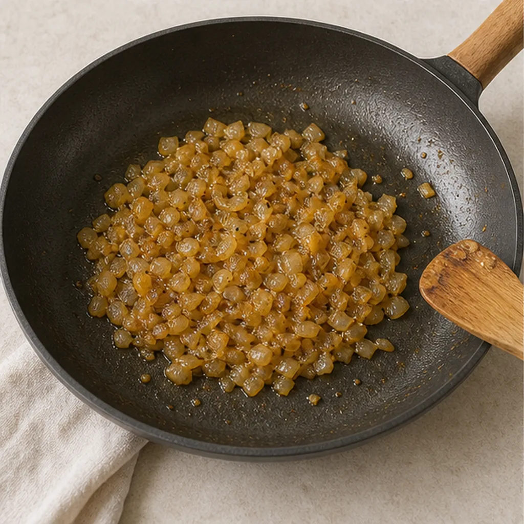 Onion caramelizing in a wide skillet