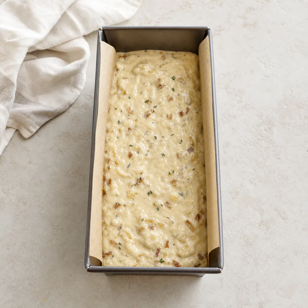 Onion thyme quick-bread batter in a loaf pan