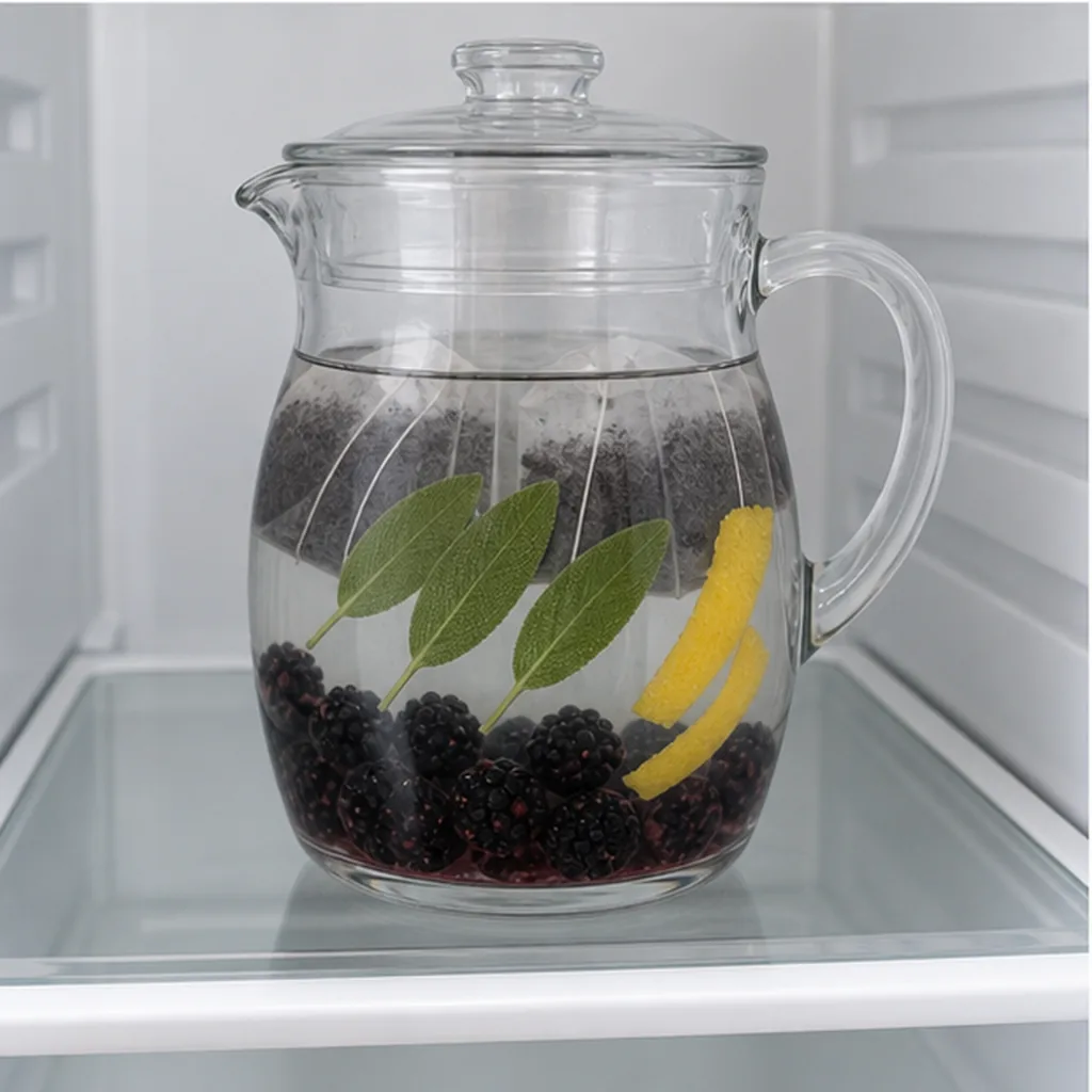 Blackberry sage tea steeping in a refrigerator