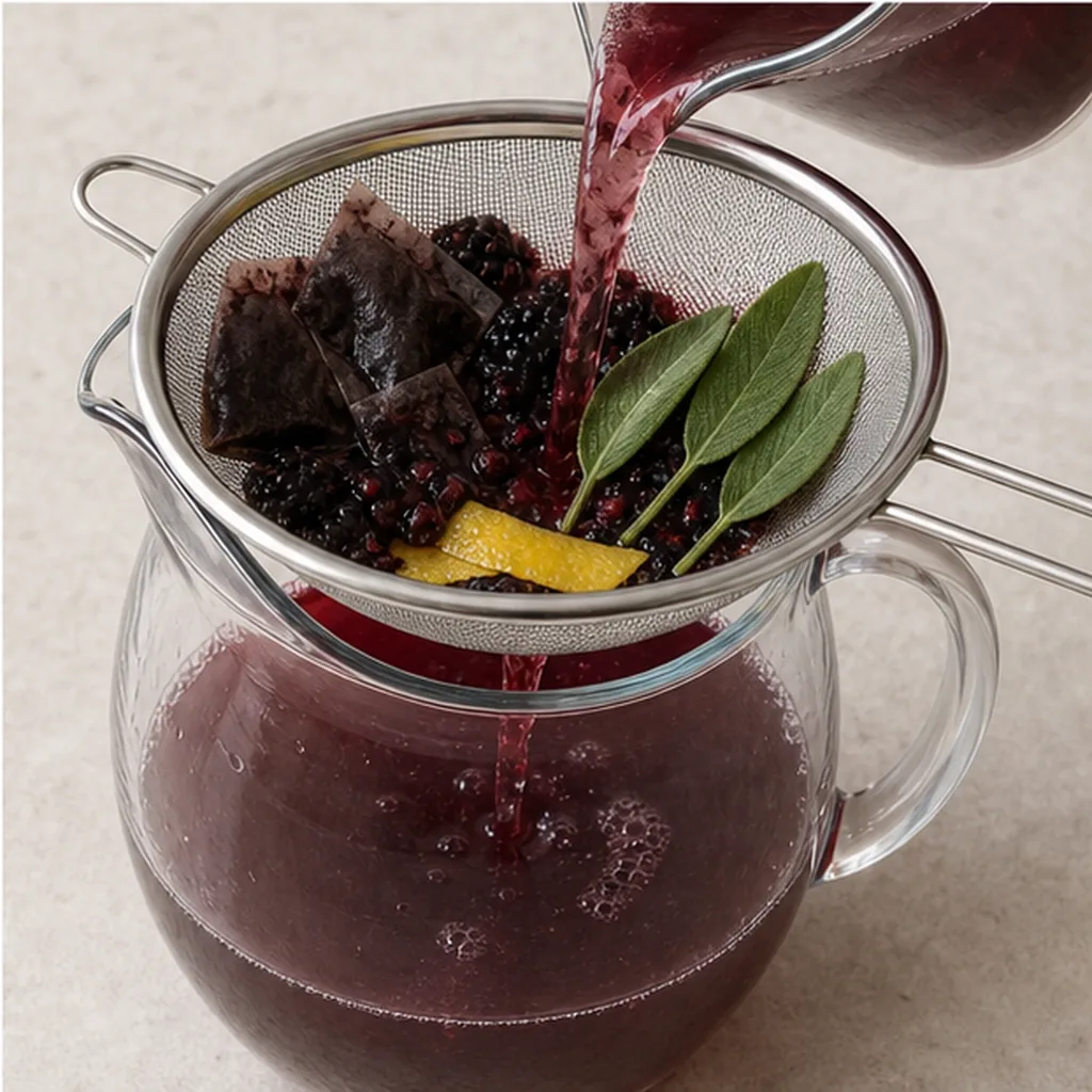 Cold-brew blackberry sage tea being strained