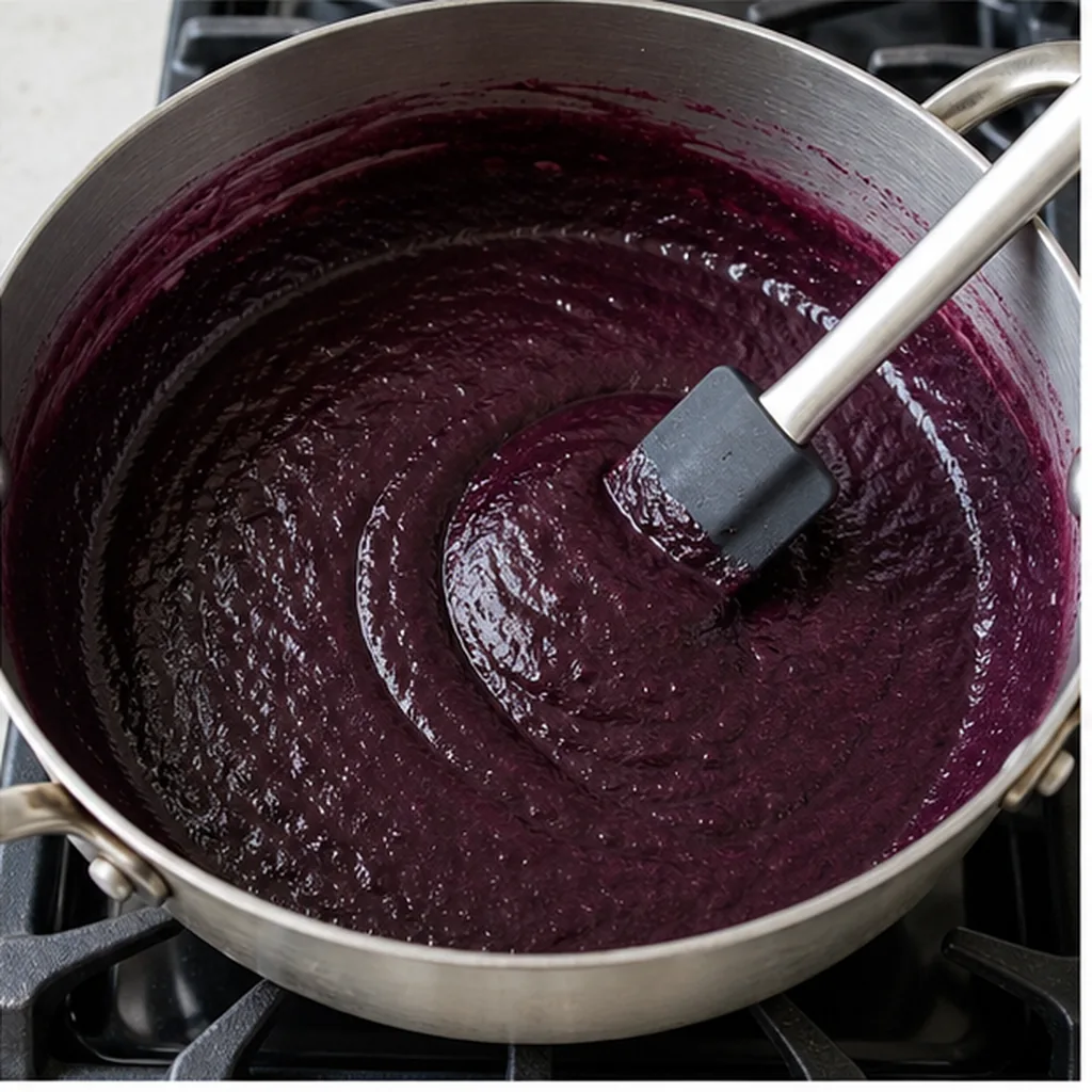 Smooth blueberry butter reducing in a saucepan