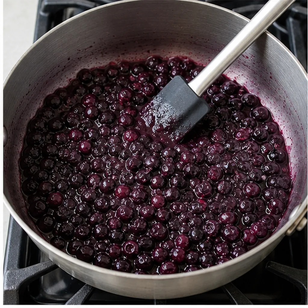 Blueberries softening in a wide saucepan