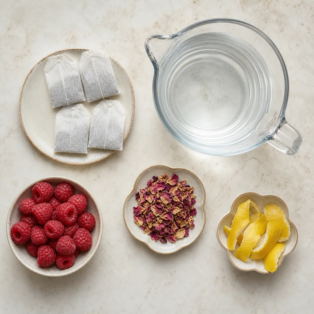 Measured ingredients for raspberry rose cold-brew tea