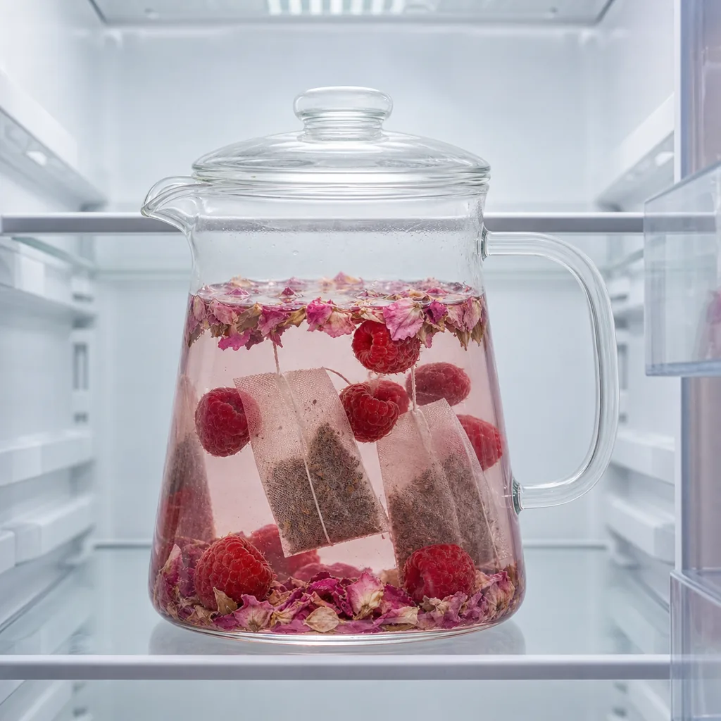 Raspberry rose tea steeping in a covered pitcher under refrigeration