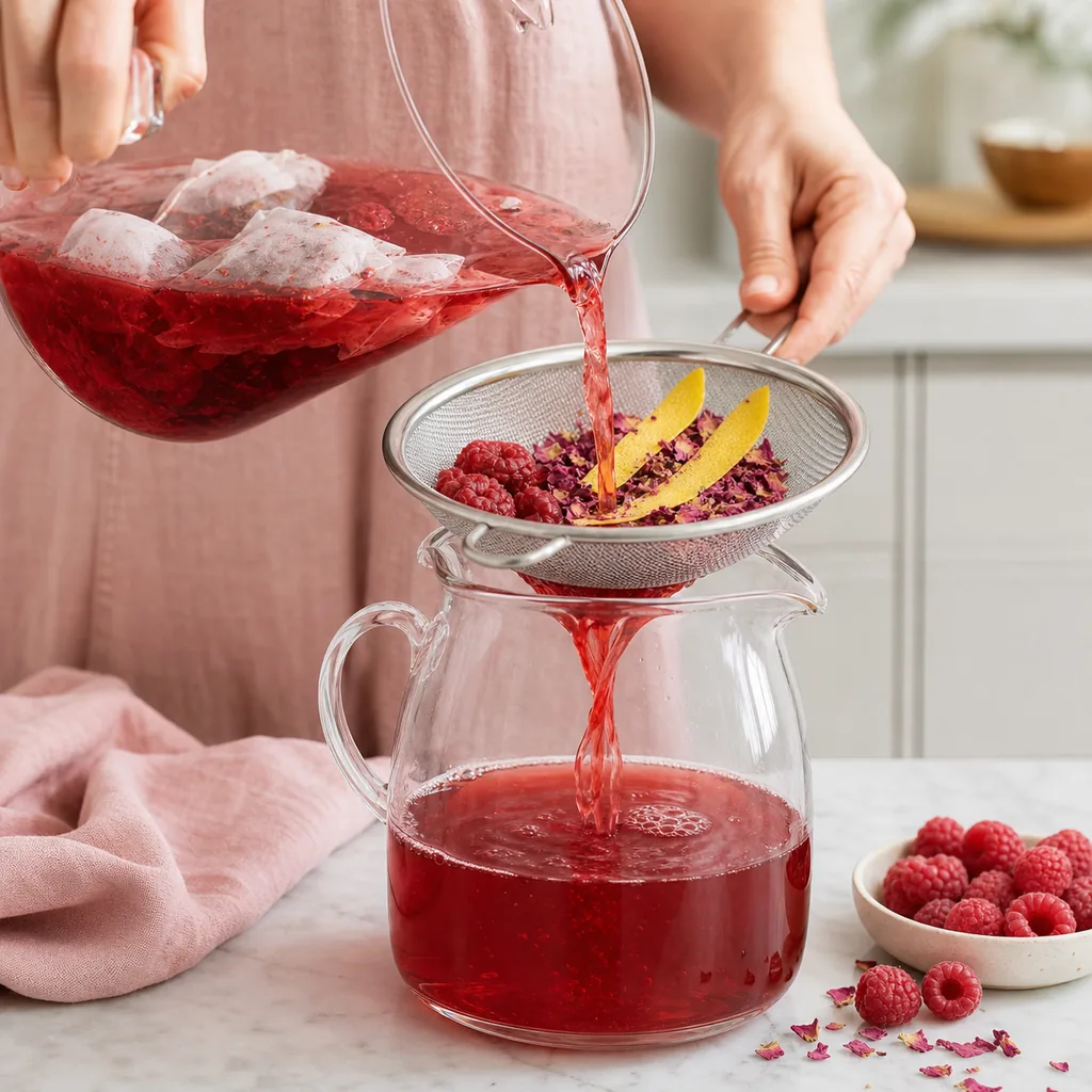 Raspberry rose cold-brew tea being strained