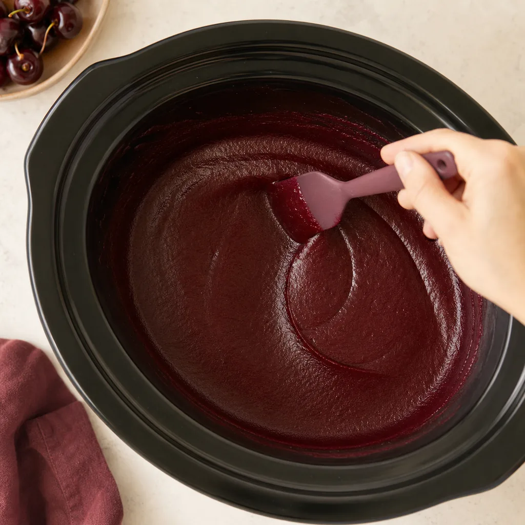 Smooth cherry butter reducing in a slow cooker
