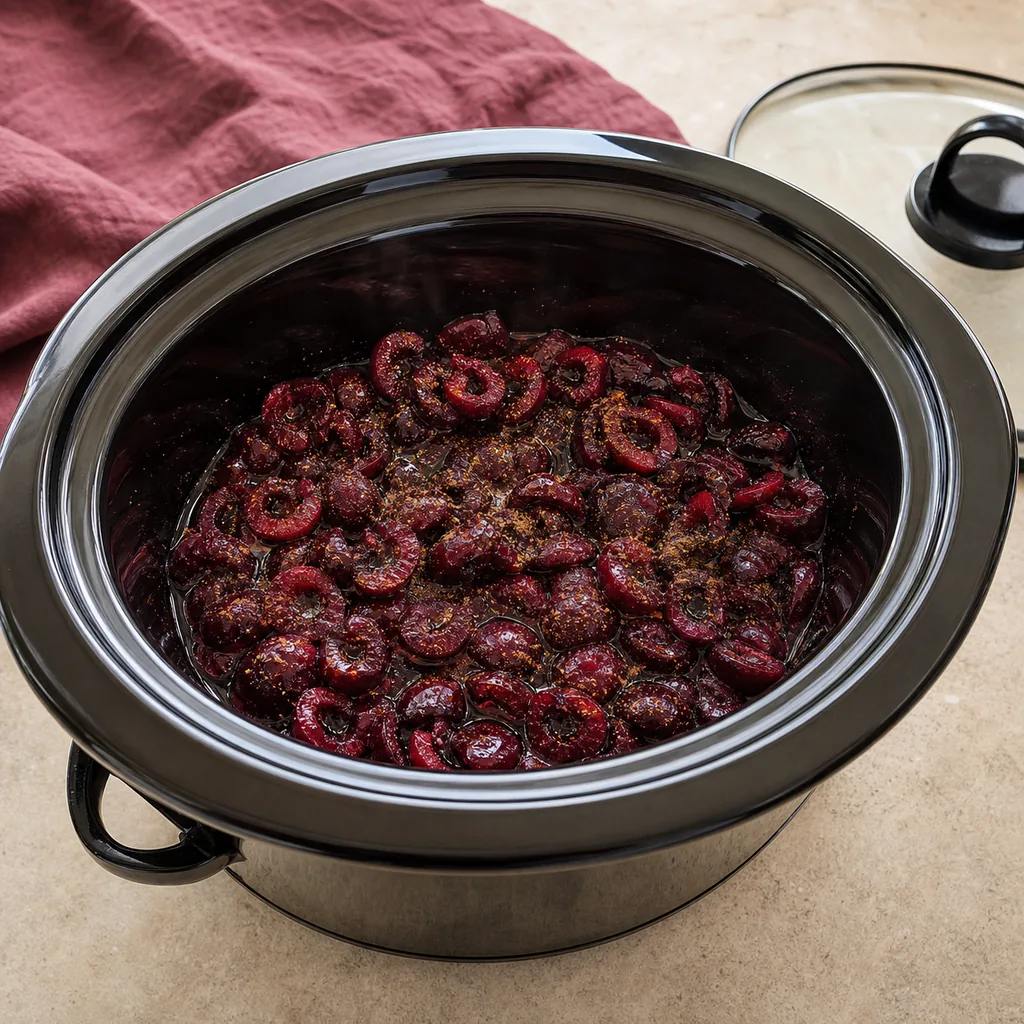 Pitted cherries softening in a slow cooker