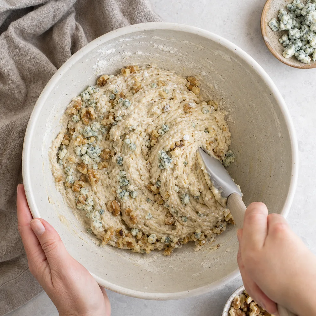 Walnut and blue cheese quick-bread batter being folded