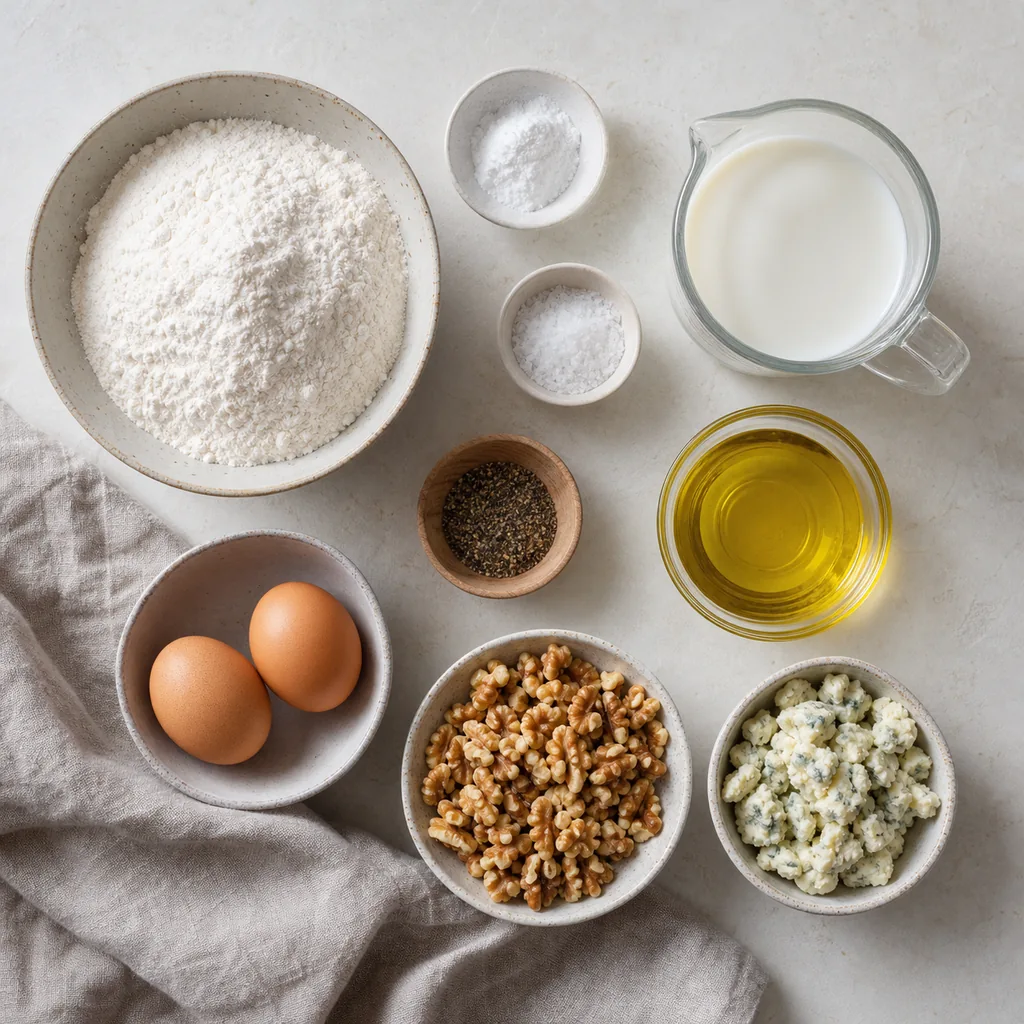 Measured ingredients for walnut blue cheese quick bread
