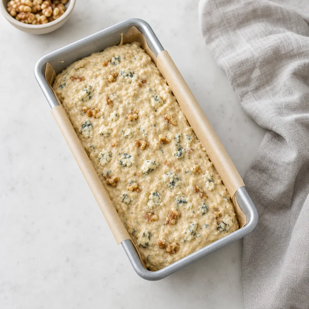 Walnut blue cheese batter in a parchment-lined loaf pan