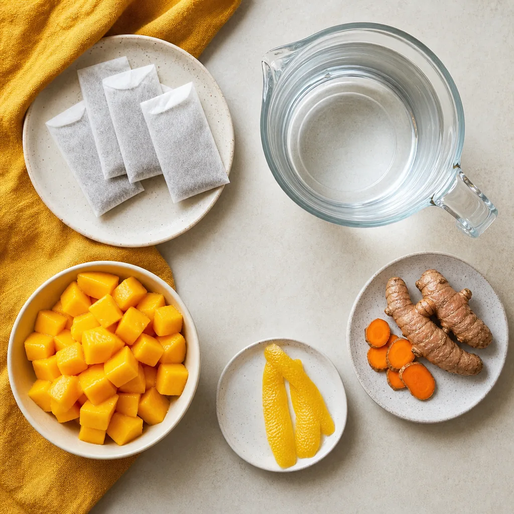Measured ingredients for mango turmeric cold-brew tea
